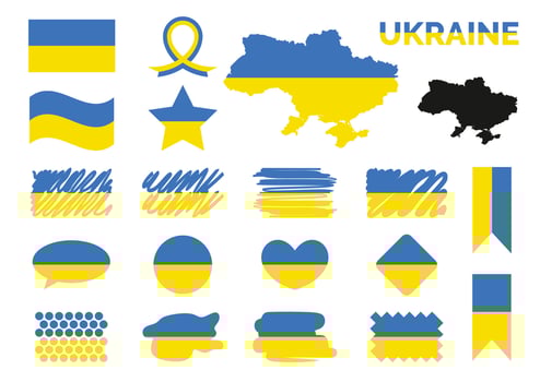 Symbol elements collection with the flag of ukraine design. Button, rhombus, dotts, hand drawn, speak cloud,heart, circle, icons, ribbon, star, word, flags. Blue and yellow. Wavy vector