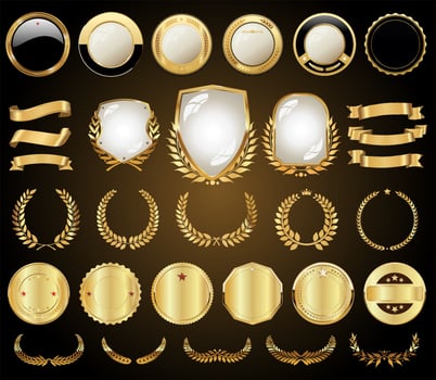 Collection of golden badges labels laurel wreaths and shield vector illustration