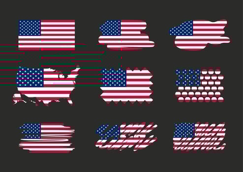 Set of American flag. Icon grunge American flag of USA. Print. Vector illustration. Isolated on black background. United States map. White, blue, red. Stars. Patriotic symbol.