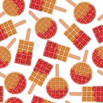 Sweet food and dessert food, vector seamless pattern of golden brown homemade corn dog or hot dog waffle on a stick in various flavors decorations and red strawberry chocolate. Print, textile, fabric.