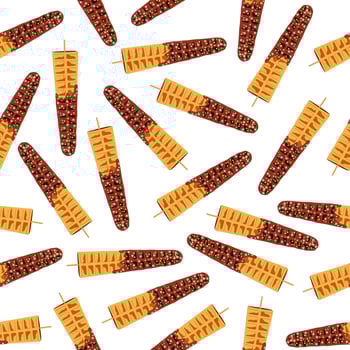 Sweet food and dessert food, vector seamless pattern of golden brown homemade corn dog or hot dog waffle on a stick in various flavors decorations and chocolate. Print, textile, fabric, wrapping.