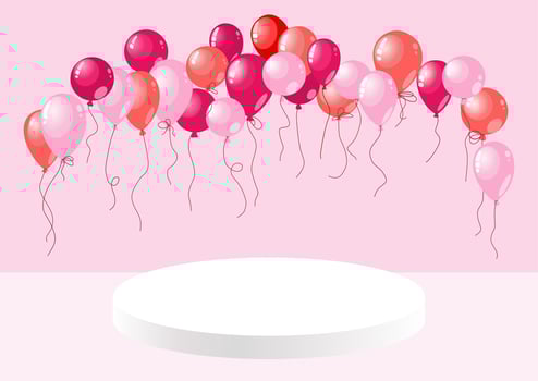 Celebration with podium and balloons. Wedding stage. Baby girl. Birthday party card. Pink balloons and white pedestal. Space for cosmetic products. vector