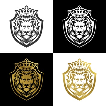 Royal king lion crown symbols. Elegant gold Leo animal logo. Premium luxury brand identity icon. Vector illustration.