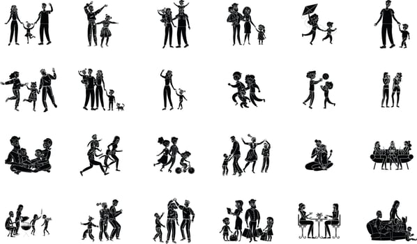 Large set of people silhouettes. Families, couples, kids and elderly people. vector