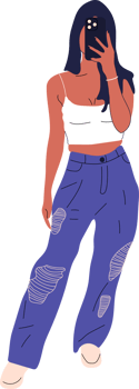 Beautiful young woman in a fashionable jeans and T-shirt takes off herself on a smartphone. Hand drawn sketch. PNG illustration.