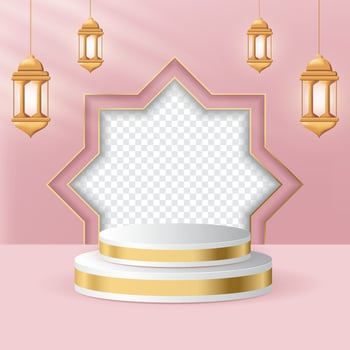 Gold islamic product display mockup. Ramadan kareem with golden lamp and podium. 3d product display podium themed islamic with lantern. Vector illustration