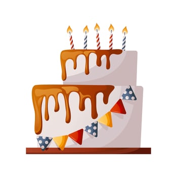 Birthday cake with burning candles, melted chocolate glaze icing and flags decoration. Birthday party, celebration, holiday, event, festive, bakery, tasty food concept. vector