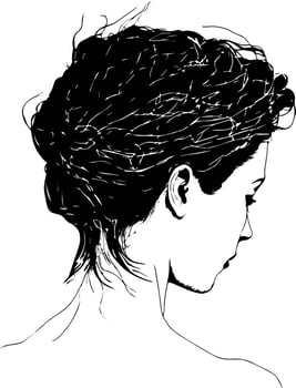 Black and white vector sketch illustration of woman head and hair
