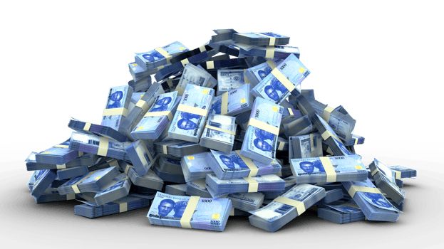 Big pile of 1000 Nigerian naira notes a lot of money over transparent background. 3d rendering of bundles of cash png