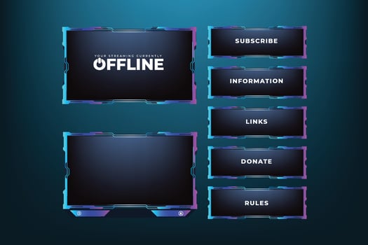 Colorful screen overlay frame design with purple and blue colors. Futuristic gaming overlay decoration for online gamers. Modern gaming broadcast screen interface vector on a dark background.