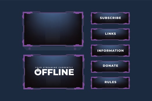 Futuristic gamer screen interface decoration with abstract shapes and purple colors. Modern live-streaming border frame design with subscribe buttons. Special gaming overlay frame vector. vector