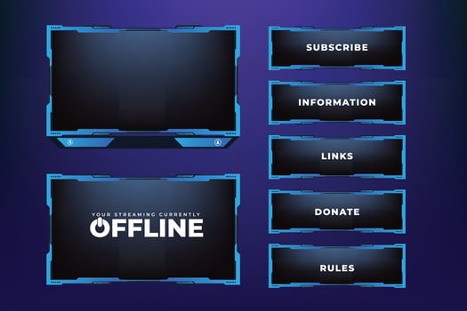 Live gaming overlay panel and border design vector. Modern streaming overlay vector on dark background. Futuristic gaming screen decoration with blue shade and colorful buttons for gamers.