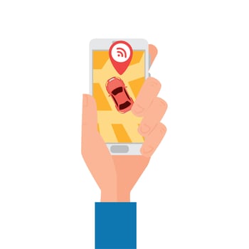 Hand holding smartphone with red car and wifi gps mark vector design