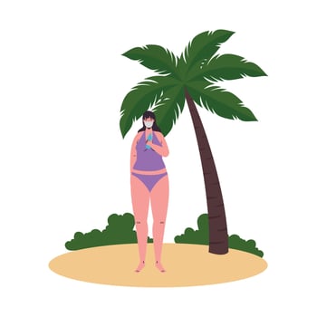 Girl cartoon with bikini and medical mask at beach vector design