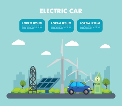 electric blue car with solar panel station and wind mills vector design