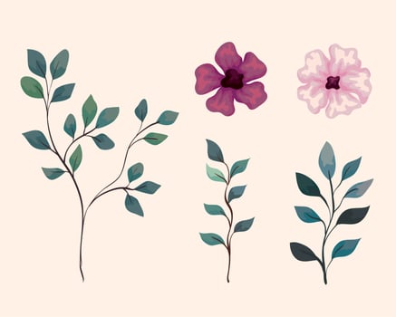 set of branches with leaves and cute flowers vector