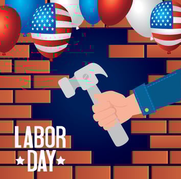 happy labor day holiday banner and hand with hammer tool vector