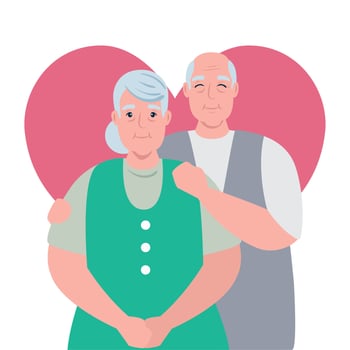 elderly couple smiling, old woman and old man with heart background vector