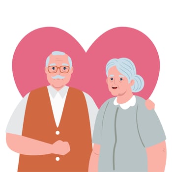 elderly couple smiling, old woman and old man with heart background vector