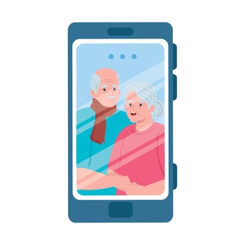 smartphone video call, old couple in conference video call online vector