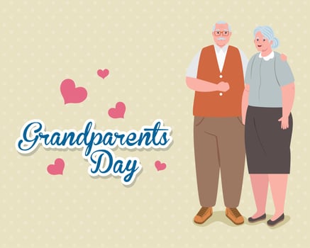 happy grand parents day with cute older couple and hearts decoration vector