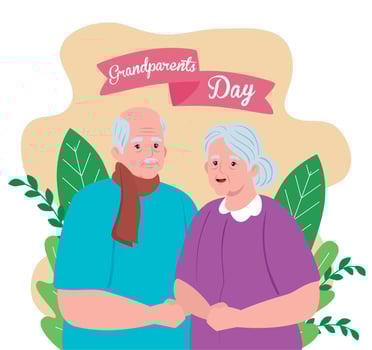 happy grand parents day with cute older couple and leaves decoration vector