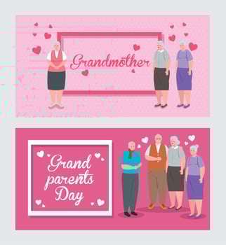 set cards of happy grand parents day with cute old people vector