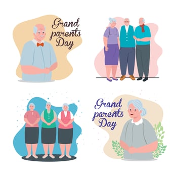 set cards of happy grand parents day with cute old people vector