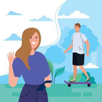 couple performing leisure outdoor activities, man in skateboard and woman with smartphone vector