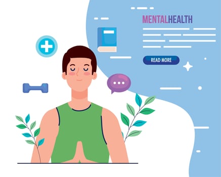 banner of mental health, and man meditating with health icons vector illustration design