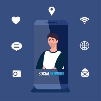 social network, young man in smartphone with social media icons vector