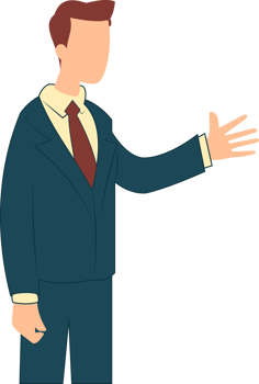 cartoon illustration of man standing in suit with finger pointing on blank screen isolated on white background. businessman doing presentation png