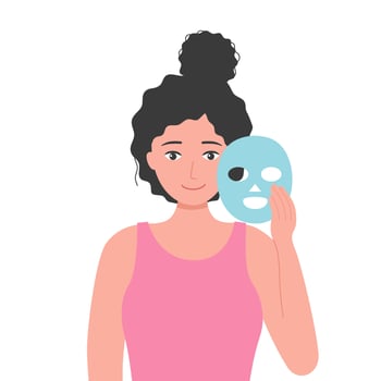 Young woman holding beauty face mask in flat design on white background. Skin care face mask. vector