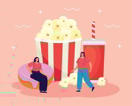 poster of big fast food with women vector