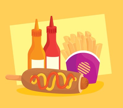 fast food poster, corn dog with potatoes french fries and bottled sauces vector