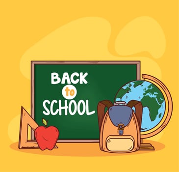 back to school banner, with chalkboard and education supplies vector