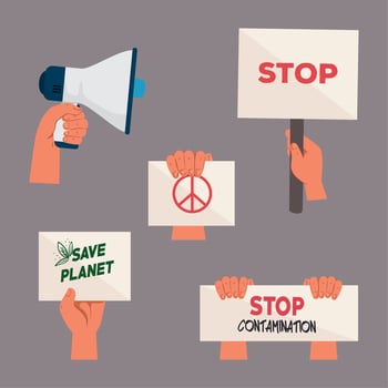 set of hands with protests placards and megaphone vector