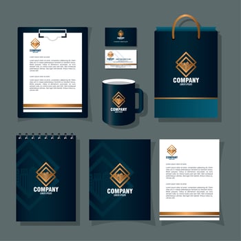 brand mockup corporate identity, mockup of stationery supplies black color with golden sign vector