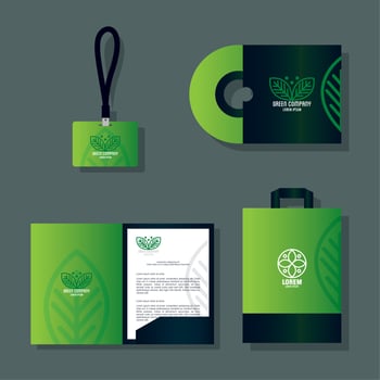 mockup stationery supplies color green, green identity corporate vector
