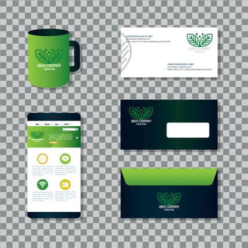 mockup stationery supplies green color with sign leaves, green identity corporate vector