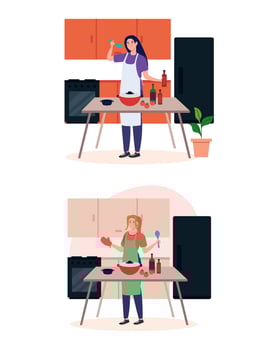 set scenes of women cooking in the house scene vector