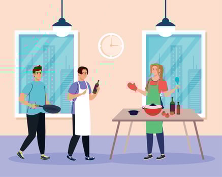group young people cooking in the home vector