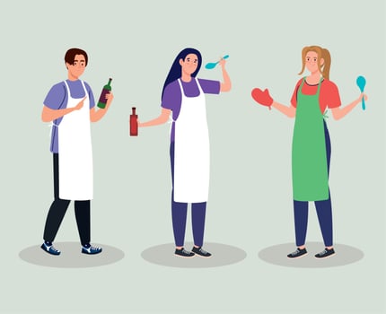 group young people cooking with kitchen utensils vector