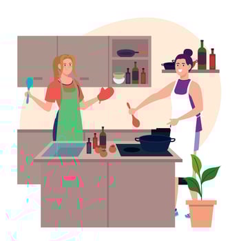 women cooking using apron, in the kitchen scene vector