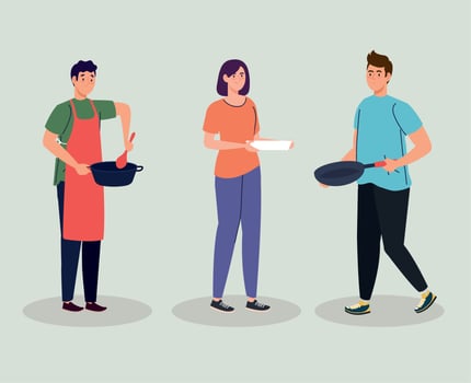 young people cooking, with utensils kitchen vector