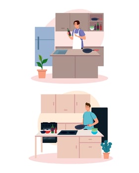 set scenes of men cooking in the house scene vector