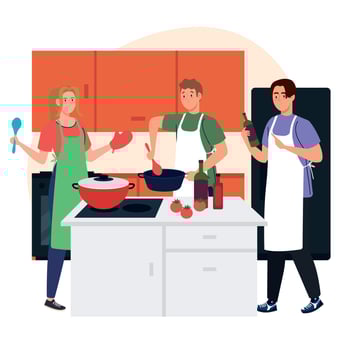group young people cooking in the home vector