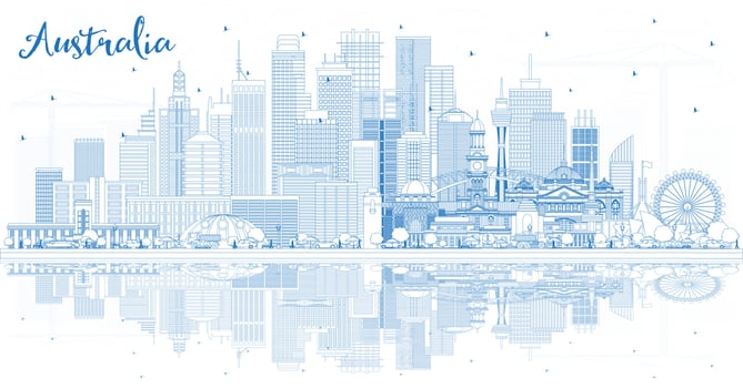 Outline Australia City Skyline with Blue Buildings and Reflections. vector