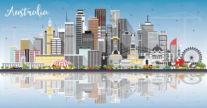 Australia City Skyline with Gray Buildings, Blue Sky and Reflections. vector