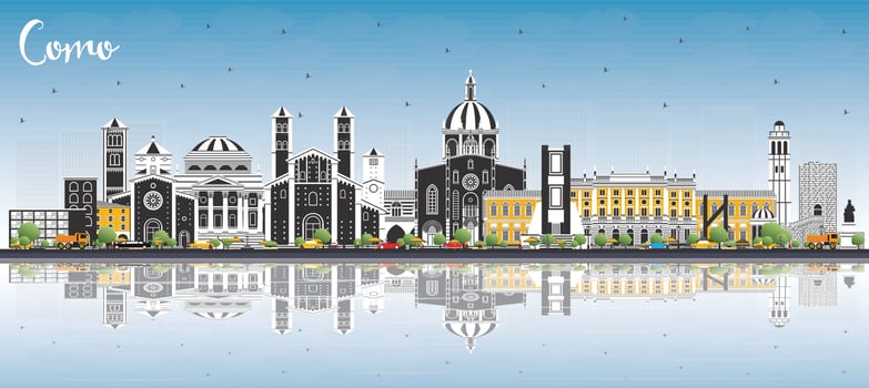 Como Italy City Skyline with Color Buildings, Blue Sky and Reflections. vector